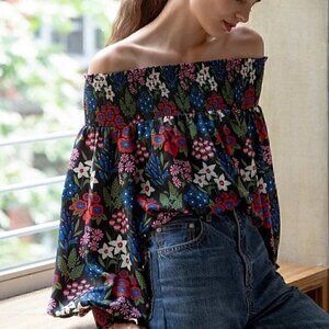 Amur Viviana Off Shoulder Blouse XS Black Vintage Floral Top